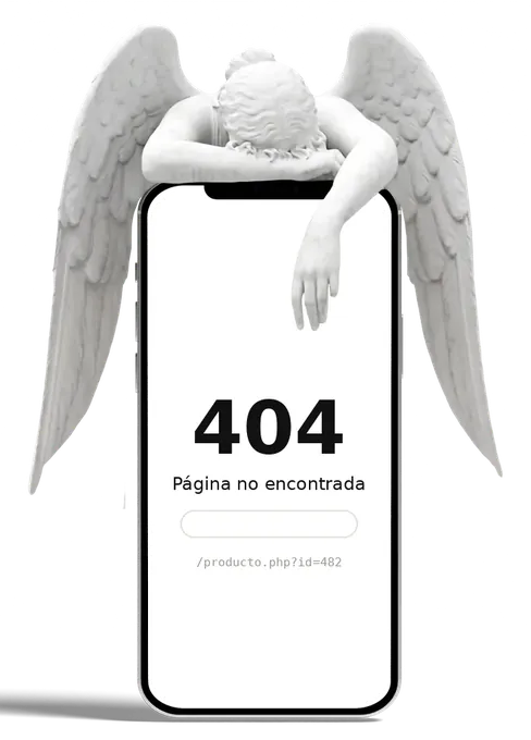 Ángel de mármol sobre un móvil que muestra un error 404